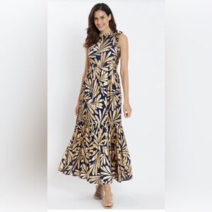Jude Connally Navy and Gold Maxi Dress Ornamental Leaf Constance SMALL NWT